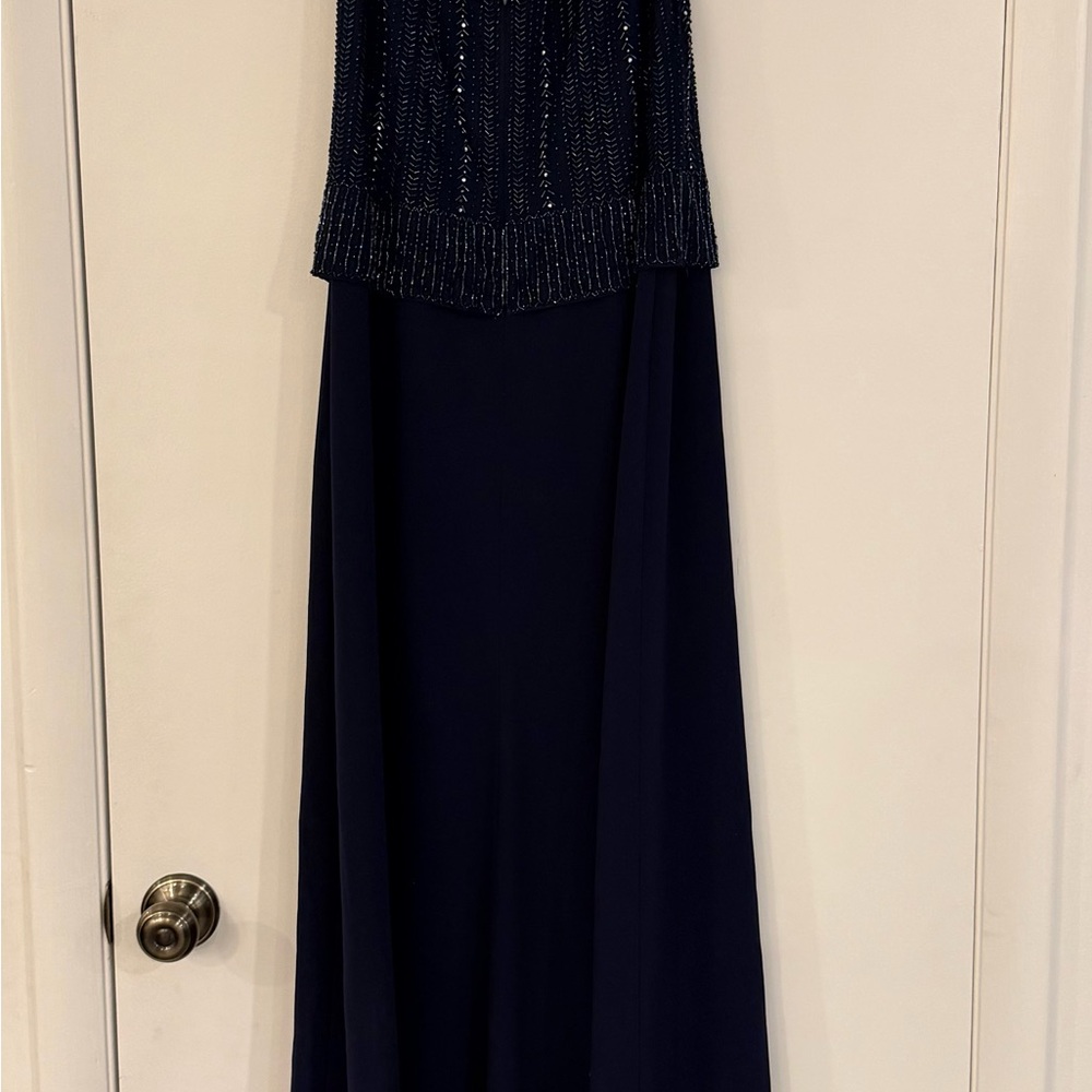 Daymor Couture Navy Beaded Evening Gown Sleeveless V-Neck Size 12